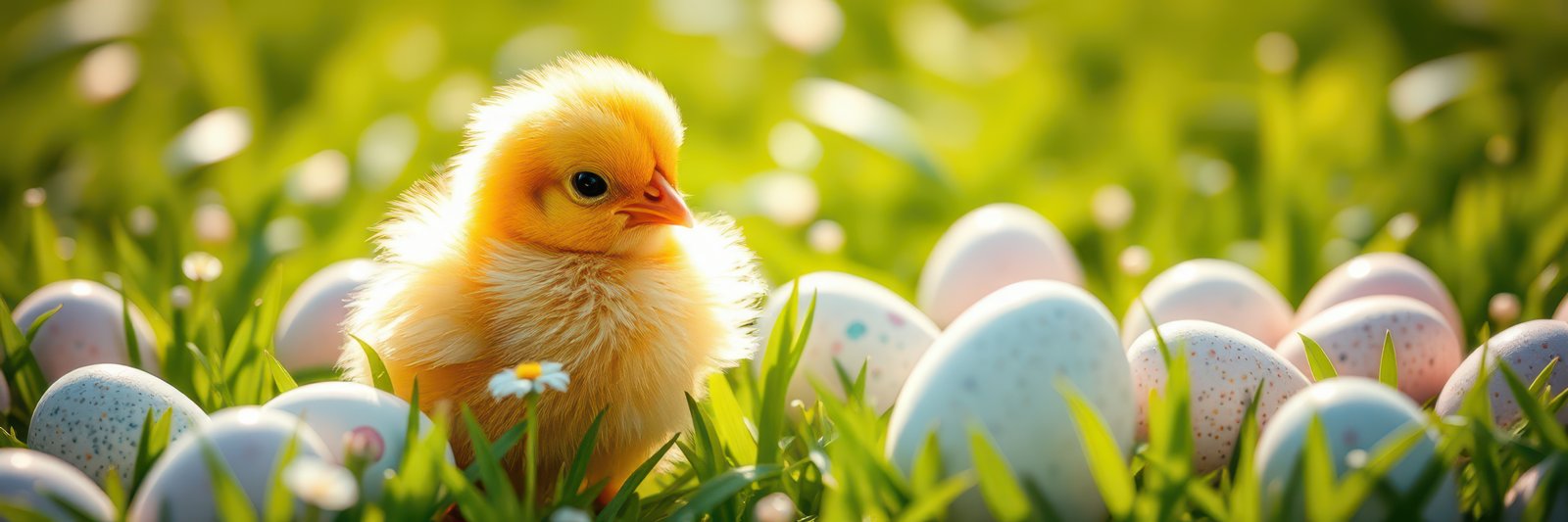Cute yellow chick surrounded by colorful eggs in a grassy field during springtime